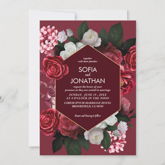 Invitación Boda moderna de otoño floral de marrón borgoñona (Anverso)
