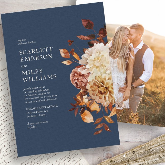 Invitación Boda moderna de otoño naval (Navy Blue Fall Modern Navy Wedding Invitation
)