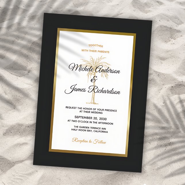 Invitación Boda moderna de palma de oro negro tropical (Tropical Black Gold Palm Tree Modern Wedding Invitation)
