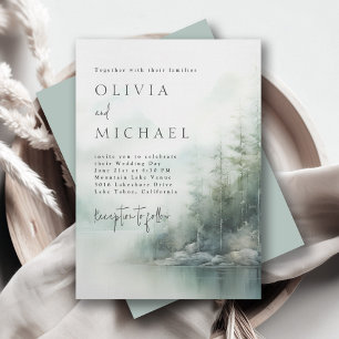 Invitación Boda moderna de pino brumoso lago de montaña rústi