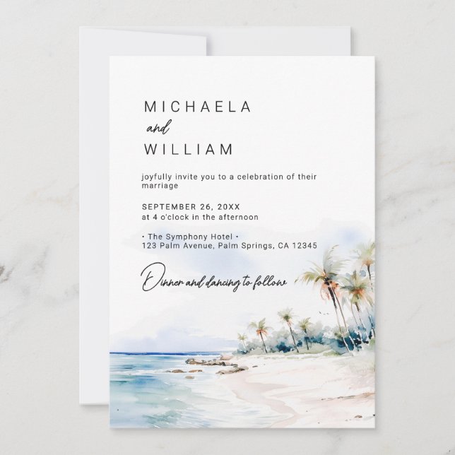 Invitación Boda moderna de playa con acuarelas como destino (Anverso)
