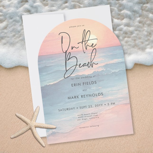 Invitación Boda moderna de playa con arco al atardecer en acu (Modern Ocean Sunset Watercolor Beach Arch Wedding Collection)