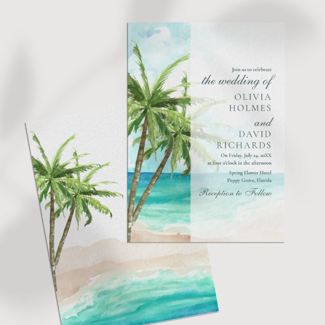 Invitación Boda Moderna de Playa Tropical y Palmeras (Modern Tropical Beach and Palm Trees Wedding Invitation on a white table.)