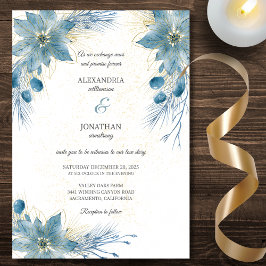 Invitación Boda moderna de poinsettia azul y dorado