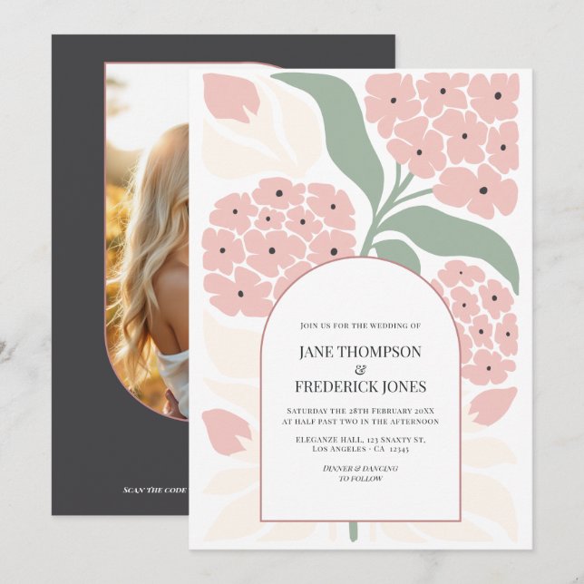 Invitación Boda moderna de primavera con flores abstractas en (Anverso / Reverso)