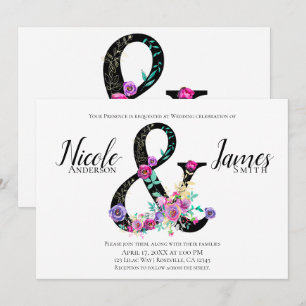 Invitación Boda moderna de primavera con flores negras y ampe