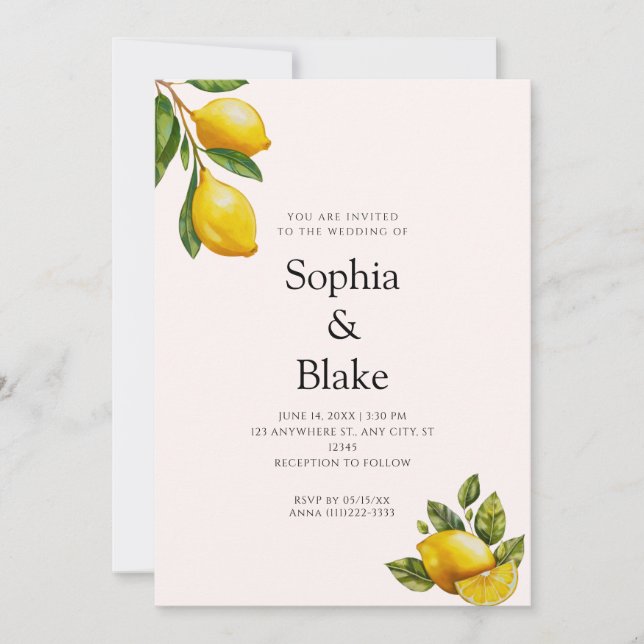 Invitación Boda moderna de primavera con tema de limón y citr (Anverso)