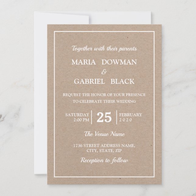 Invitación Boda moderna de tipografía Kraft (Anverso)