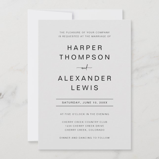 Invitación Boda Moderna de Tipografía Simple Gris (Anverso)
