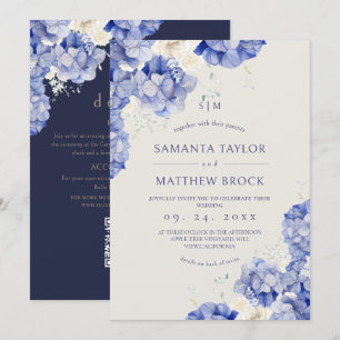 Invitación Boda moderna de todo en uno⎮Flores de marfil navy