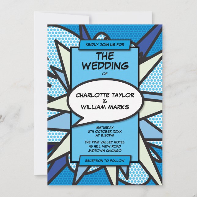 Invitación Boda Moderna Divertida Diseñador Azul Libro Cómic (Anverso)