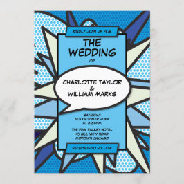 Invitación Boda Moderna Divertida Diseñador Azul Libro Cómic