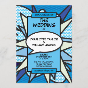 Invitación Boda Moderna Divertida Diseñador Azul Libro Cómic