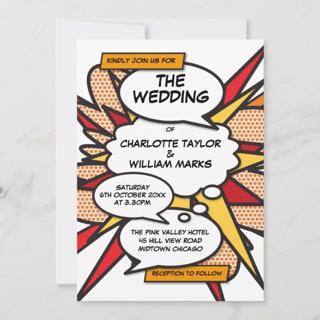 Invitación Boda Moderna Divertida Libro de Cómic con Estilo (Anverso)