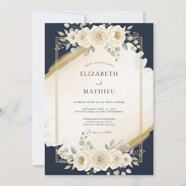 Invitación Boda moderna dorada azul marino (Anverso)