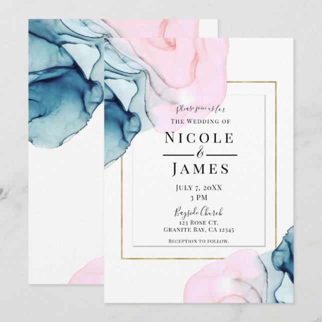Invitación Boda moderna dorada elegante rosa teal etérea (Anverso / Reverso)