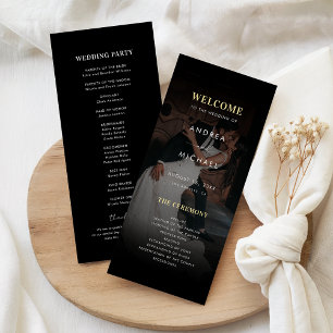 Invitación Boda Moderna Dorada y Negra con Foto Oscura Desvan