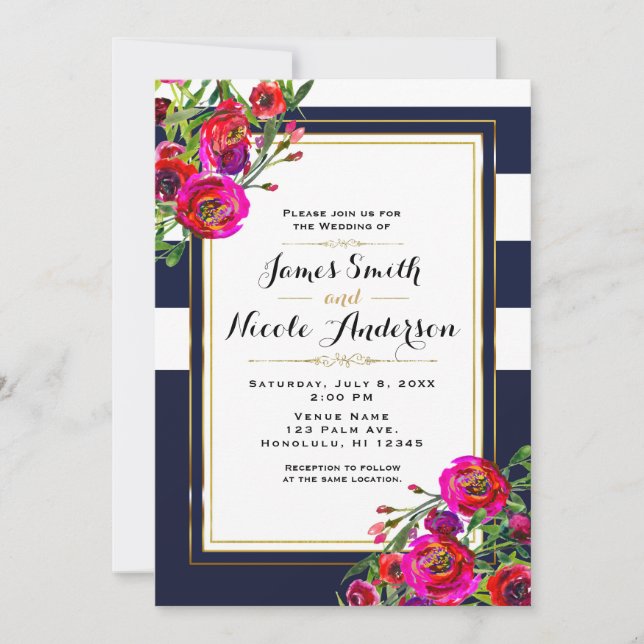 Invitación Boda moderna elegante azul y dorado con flores atr (Anverso)