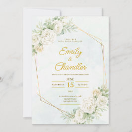 Invitación Boda moderna elegante boho floral dorado verde sua