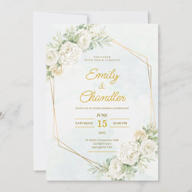 Invitación Boda moderna elegante boho floral dorado verde sua (Anverso)