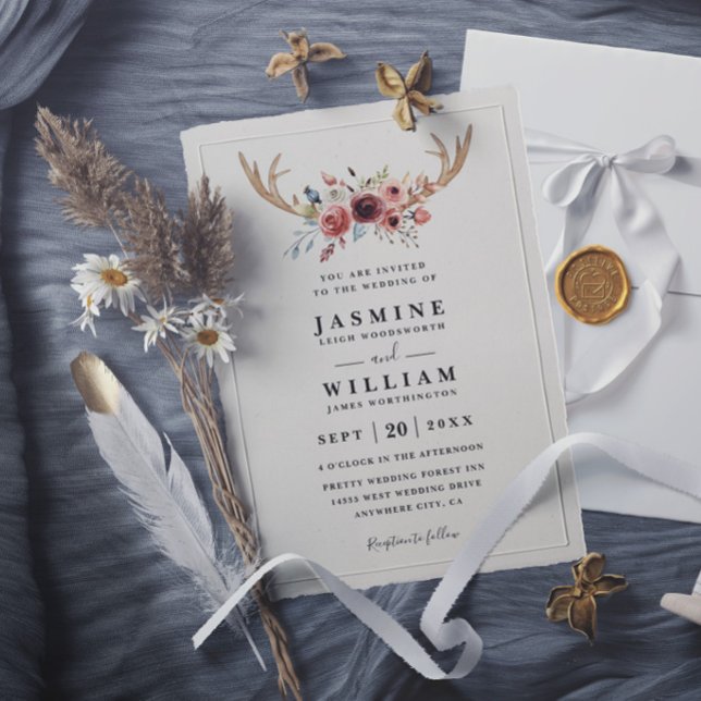 Invitación Boda moderna elegante con cuernos de ciervo boho r (Subido por el creador)