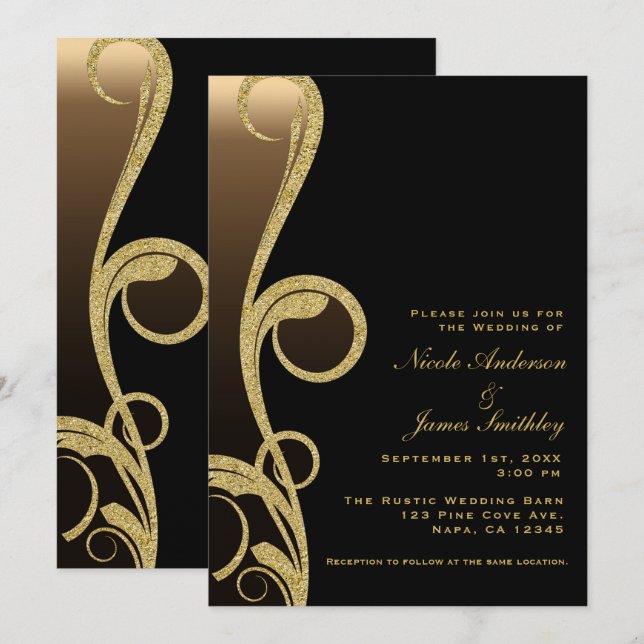 Invitación Boda moderna elegante con remolinos de oro negro y (Anverso / Reverso)