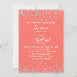Invitación Boda moderna elegante coral plata brillo