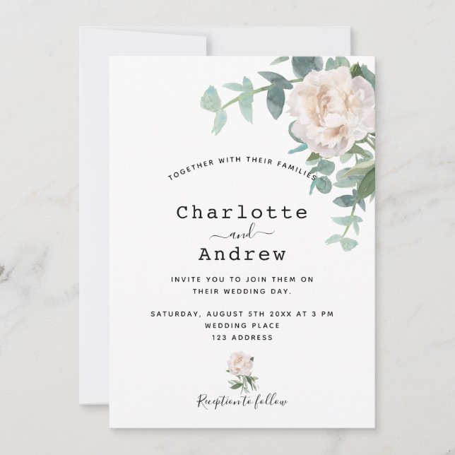 Invitación Boda moderna elegante de flores blancas (Anverso)