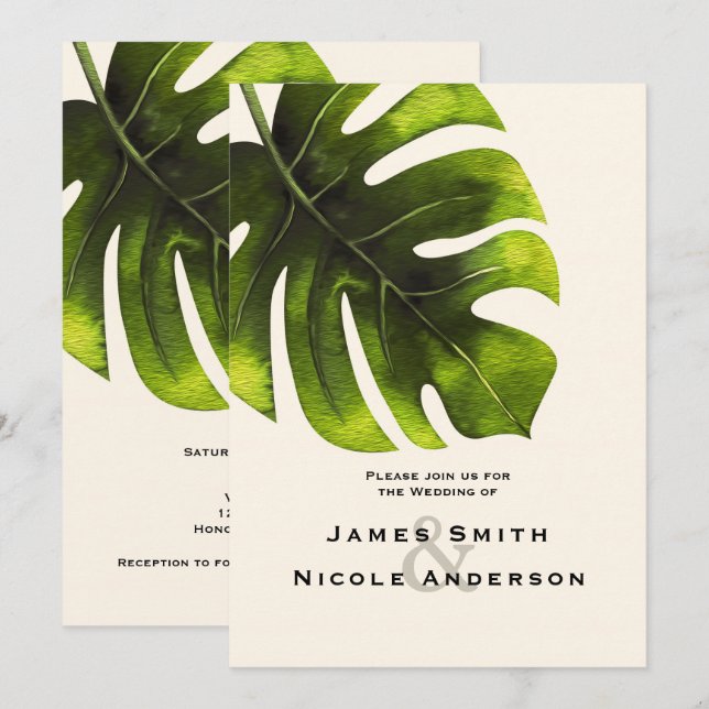Invitación Boda moderna elegante de hoja de palma tropical de (Anverso / Reverso)