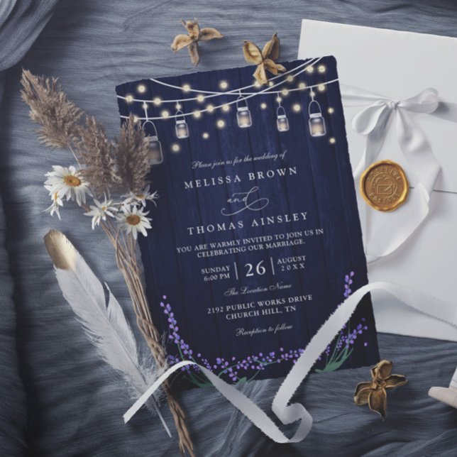 Invitación Boda moderna elegante de madera azul rústica lavan (Subido por el creador)