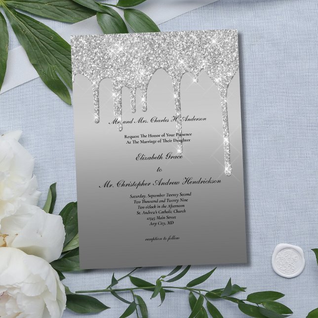 Invitación Boda moderna elegante de moda con destellos de pla (Silver Dripping Glitter Elegant Modern Glam Bling Wedding Invitation)
