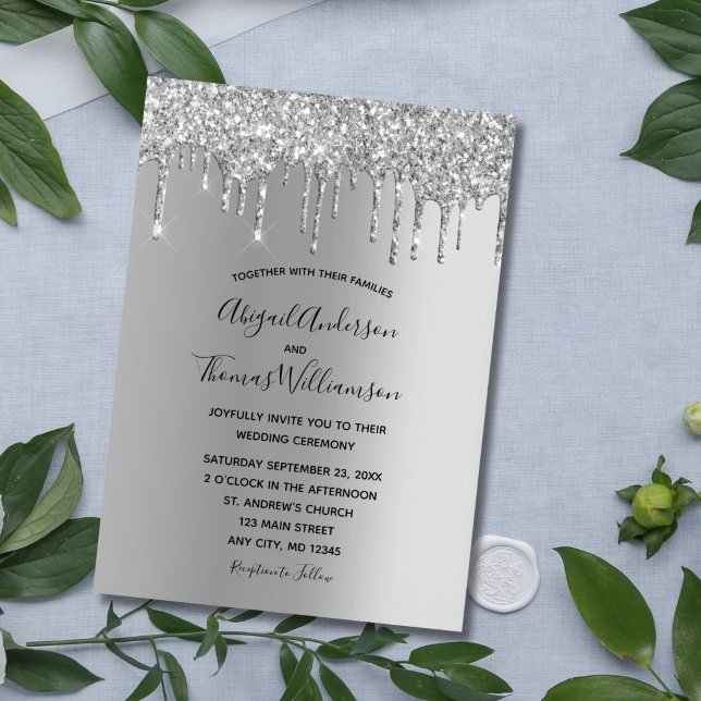 Invitación Boda moderna elegante de moda con destellos de pla (Elegant Silver Dripping Glitter Wedding invitation)