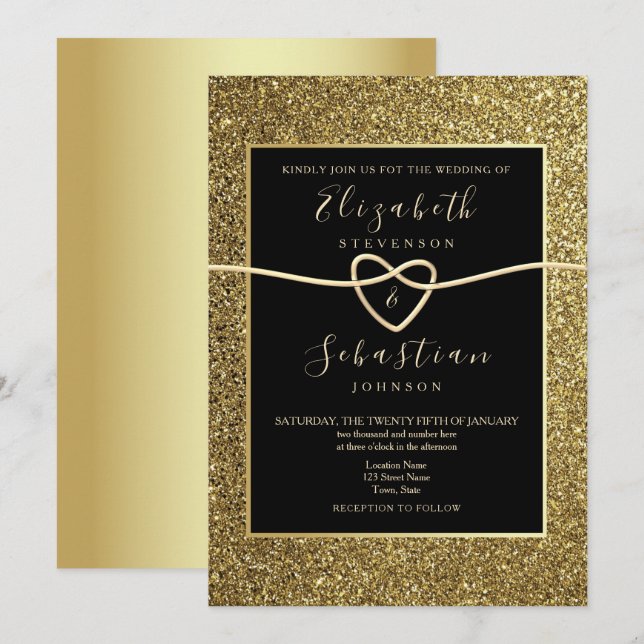 Invitación Boda moderna elegante de oro y negro (Anverso / Reverso)