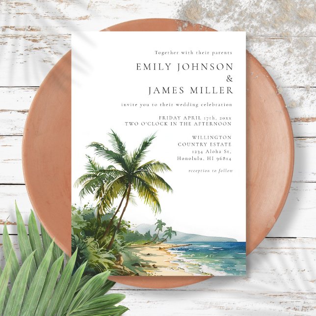 Invitación Boda moderna elegante de playa tropical en acuarel (Modern Elegant Watercolor Tropical Beach Wedding Invitation)