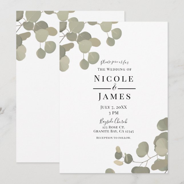 Invitación Boda moderna elegante eucalipto verde rústico (Anverso / Reverso)