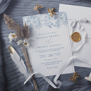 Invitación Boda moderna elegante floral azul polvoriento vint