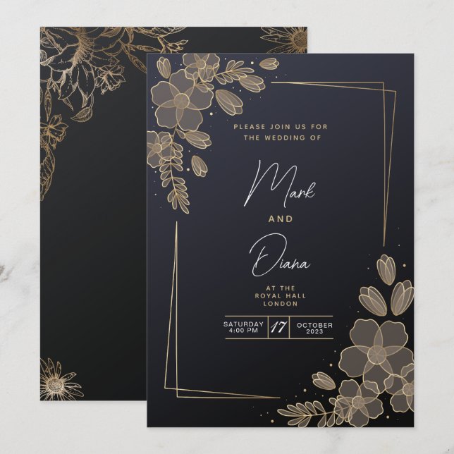 Invitación Boda moderna elegante negra y dorada (Anverso / Reverso)