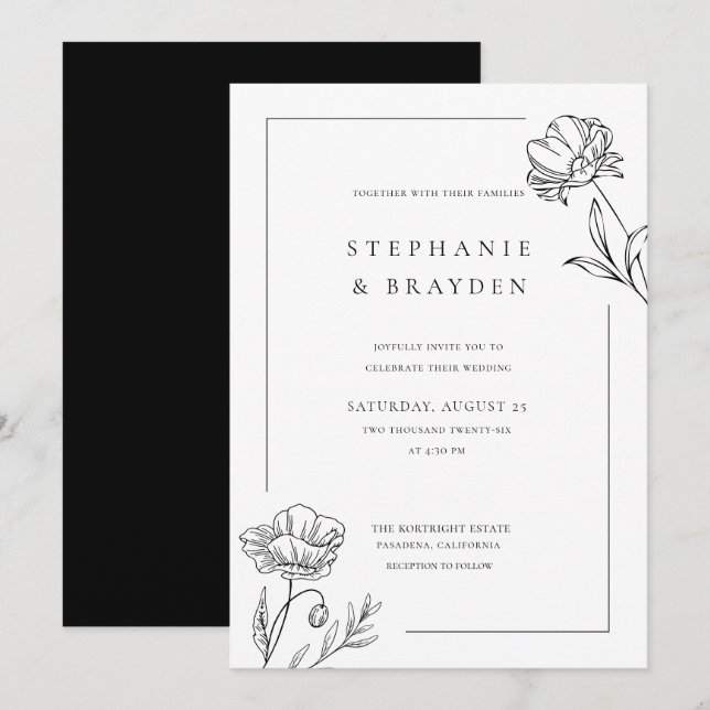 Invitación Boda Moderna Elegante Sencilla Floral Negra Blanca (Anverso / Reverso)