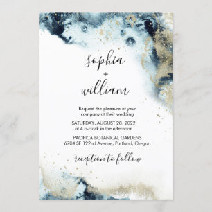 Invitación Boda moderna en acuarela azul marino y dorado