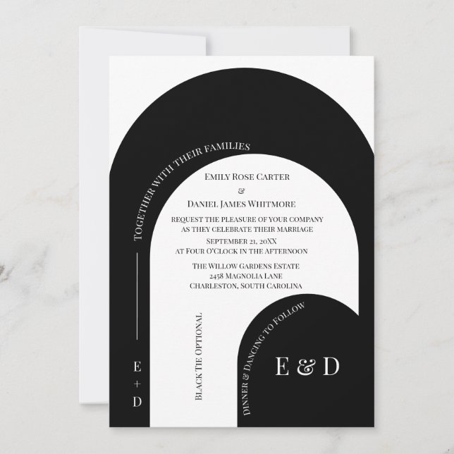 Invitación Boda moderna en blanco y negro con arcos (Anverso)