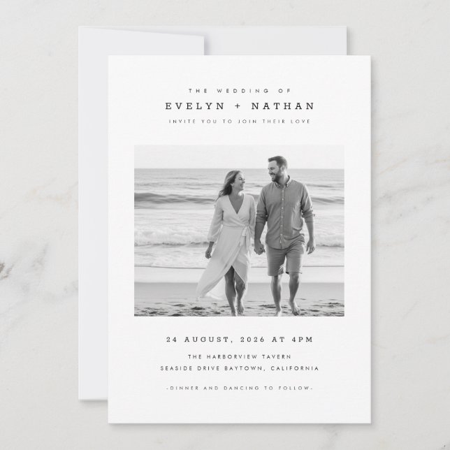 Invitación Boda moderna en blanco y negro con código QR en fo (Anverso)