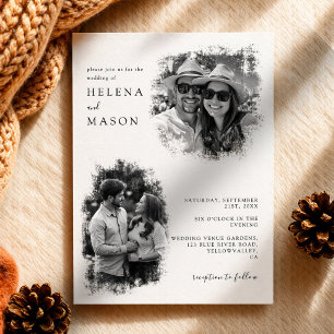 Invitación Boda moderna en blanco y negro con dos fotos