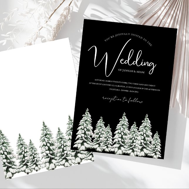Invitación Boda moderna en bosque de pinos nevado negro (Winter Black and White Snowy Pine Trees Wedding Invitation)