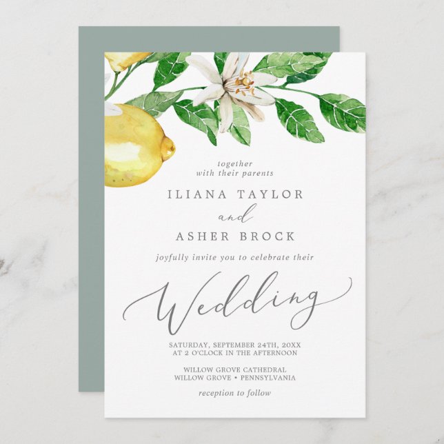 Invitación Boda moderna en el jardín de limón (Anverso / Reverso)
