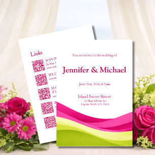 Invitación Boda moderna en fucsia y verde lima todo en uno