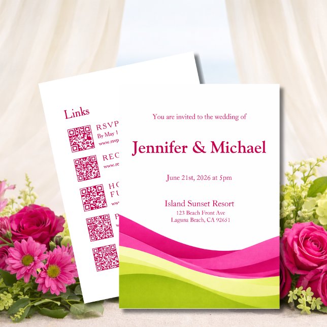 Invitación Boda moderna en fucsia y verde lima todo en uno ( Fuchsia and Lime Green Modern Wedding All in One Invitation)