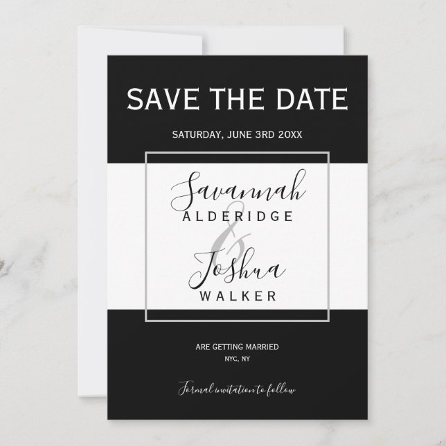 Invitación Boda moderna en negro, blanco y gris, Save the Dat (Anverso)