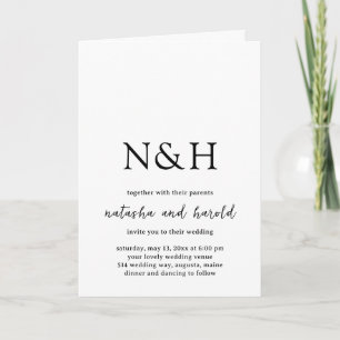 Invitación Boda Moderna en Negro y Blanco con Monograma en Ne
