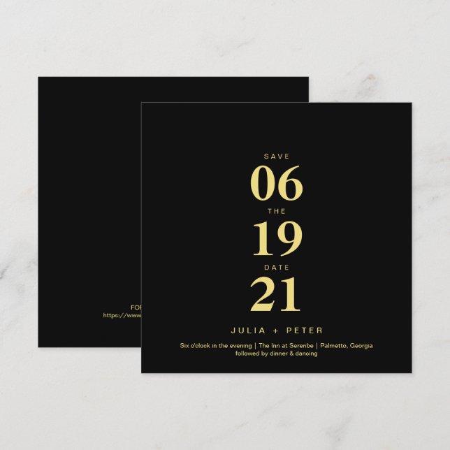 Invitación Boda moderna en negro y dorado con forma cuadrada  (Anverso / Reverso)