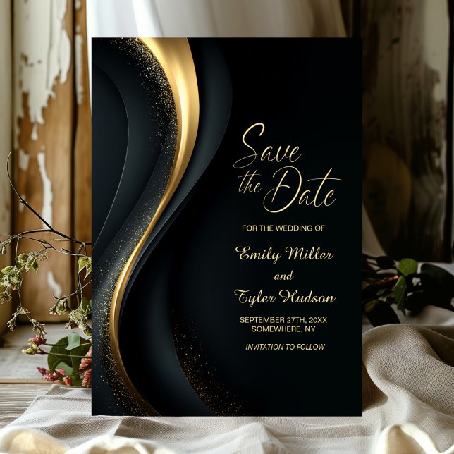 Invitación Boda moderna en negro y dorado, guarde la fecha (Subido por el creador)
